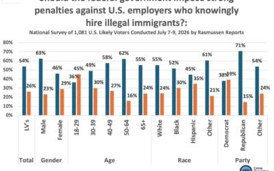 Likely Voters Overwhelmingly Support Strong Penalties Strong Penalties Against U.S. Employers who Knowingly Higher Illegal Aliens, Want E-Verify, and that Illegals Reduce the Pay of Americans. Blacks and Hispanics think Illegals hurt American workers, but Democrats don’t.